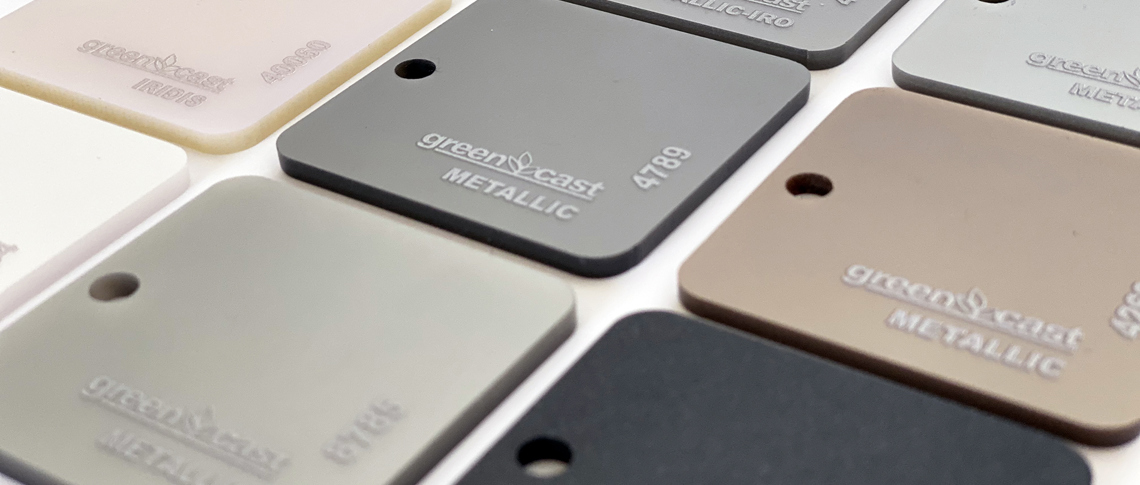 GreenCast acrylic in black, grey, rose-pink, brown and white colours with a mother-of-pearl finish