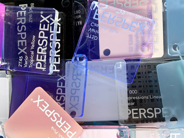 Perspex acrylic samples in blue, pink and purple nuances from Induflex