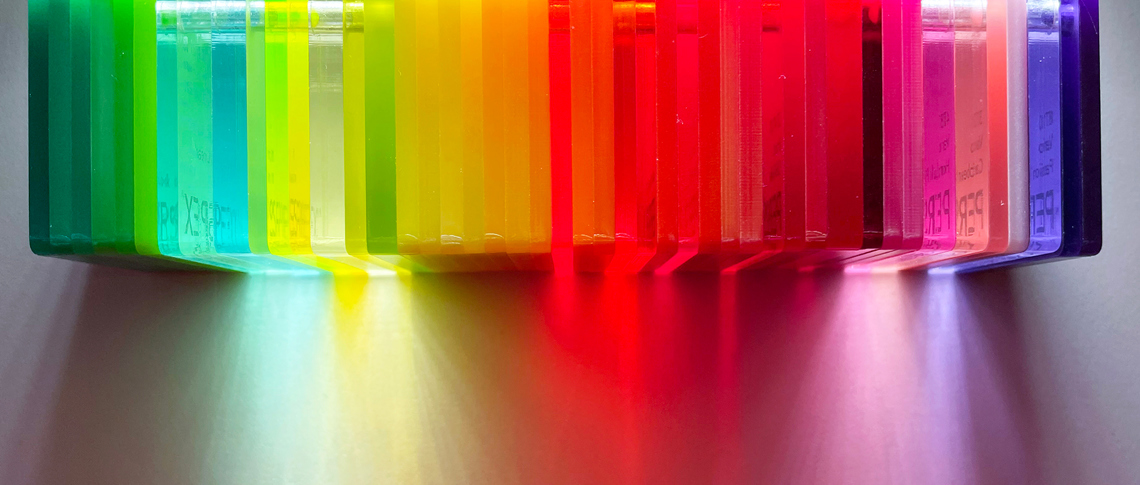 A range of acrylic samples in colours including green, yellow, red and purple