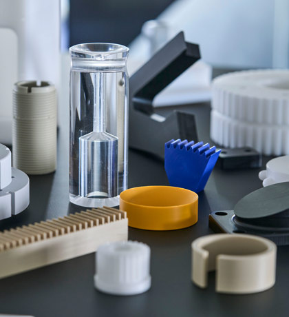 Machine parts of engineering plastics as PEEK, POM and nylon.