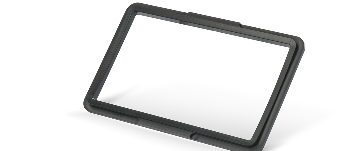 Display screens in clear plastic with a frame in black plastic from Induflex